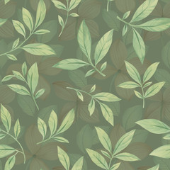Green leaves on a designer background. Floral spring seamless pattern, vintage flowers bouquet, twigs and leaves, botanical watercolor illustration.