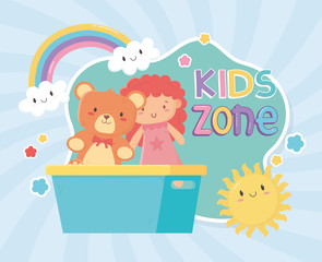 kids zone, teddy bear and little doll in bucket toys