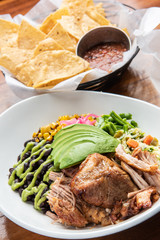 Mexican carnitas and tortilla chips with salsa
