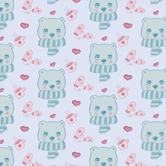Winter Bear seamless pattern. Baby shower pattern. Baby boy girl seamless texture. Vector. Blue pink childish textile print. Cute pastel backgrounds for invitation, invite template, card.
