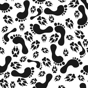 Footprints and animals dog or cat paws print on white seamless pattern.