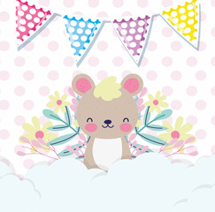 Obraz na płótnie Canvas baby shower love cute little bear with flowers buntings clouds decoration