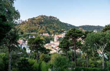 Fototapeta na wymiar View of the Portuguese town of Sintra with the Moorish fortress on the hilltop above the city
