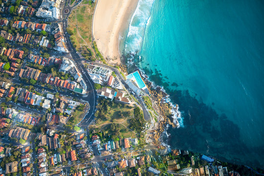 Bondi beach Top down aerial of Sydney