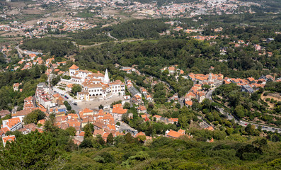 Fototapeta na wymiar Aerial view of the town of Sintra and the National Palace from the walls of Moorish castle