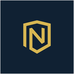 initial Letter N with Shield frame line art element. Shield Line geometry  for Security logo. Logo Icon Template for Web and Business Card, Letter Logo Template on Black Background. - vector