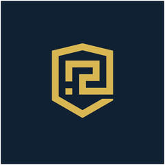 initial Letter R with Shield frame line art element. Shield Line geometry  for Security logo. Logo Icon Template for Web and Business Card, Letter Logo Template on Black Background. - vector