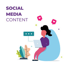 Sitting woman enjoying with a laptop. Freelancer or office worker as social media manager. Ready to use for your any media content. Vector flat illustration EPS 10