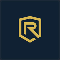 initial Letter R with Shield frame line art element. Shield Line geometry  for Security logo. Logo Icon Template for Web and Business Card, Letter Logo Template on Black Background. - vector