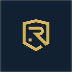 initial Letter R with Shield frame line art element. Shield Line geometry  for Security logo. Logo Icon Template for Web and Business Card, Letter Logo Template on Black Background. - vector