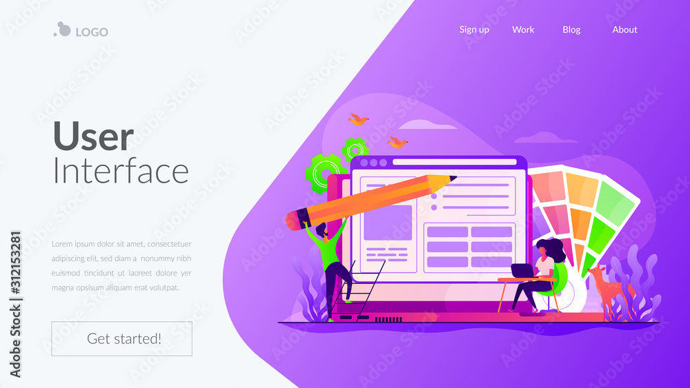 Poster website responsive ui, gui development business. designers team working with laptops, create app ux.