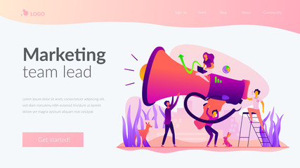 Digital marketing team, marketing team metrics, marketing team lead and responsibilities concept. Website homepage interface UI template. Landing web page with infographic concept hero header image.