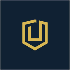 initial Letter U with Shield frame line art element. Shield Line geometry  for Security logo. Logo Icon Template for Web and Business Card, Letter Logo Template on Black Background. - vector