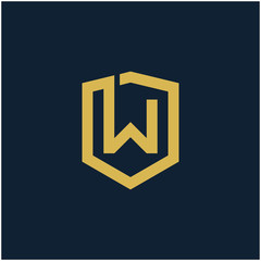 initial Letter W with Shield frame line art element. Shield Line geometry  for Security logo. Logo Icon Template for Web and Business Card, Letter Logo Template on Black Background. - vector