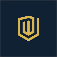 initial Letter W with Shield frame line art element. Shield Line geometry  for Security logo. Logo Icon Template for Web and Business Card, Letter Logo Template on Black Background. - vector