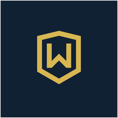initial Letter W with Shield frame line art element. Shield Line geometry  for Security logo. Logo Icon Template for Web and Business Card, Letter Logo Template on Black Background. - vector