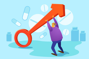 A man raises a male symbol. The concept of treatment of impotence. Vector illustration