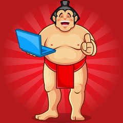 Sumo Mascot Holding Laptop Stock Illustration Vector