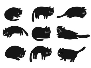 Collection of cats in different poses in a naive style. Vector illustration