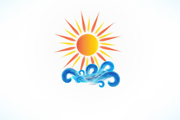 Fototapeta na wymiar Logo sun with blue swirly beach waves vector