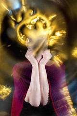 Portrait of a woman who feels sick. Flashy lights around her head symbolize physical and...