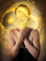 Fototapeta premium Portrait of a woman who feels sick. Flashy lights around her head symbolize physical and psychological problems. Concept: diseases