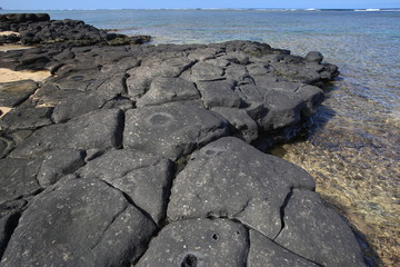 Black lava rock mosaic on Hawaiian shore