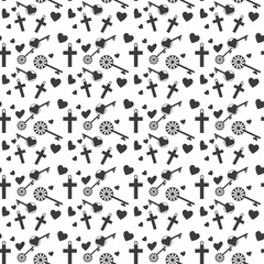 Vector vintage seamless pattern on white background with cute elements heart shape key, cross