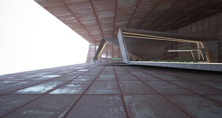 Abstract architectural concrete and rusted metal interior of a minimalist house with swimming pool and neon lighting. 3D illustration and rendering.