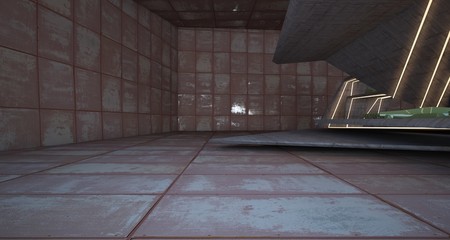 Abstract architectural concrete and rusted metal interior of a minimalist house with swimming pool and neon lighting. 3D illustration and rendering.