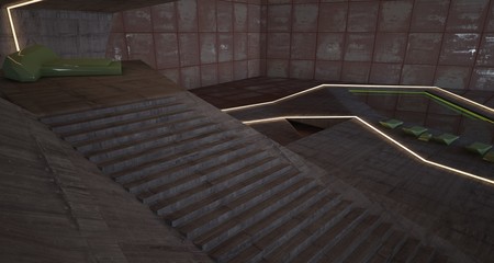 Fototapeta premium Abstract architectural concrete and rusted metal interior of a minimalist house with swimming pool and neon lighting. 3D illustration and rendering.