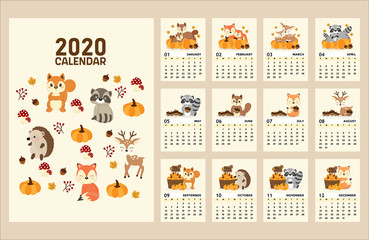 Calendar 2020 with Woodland characters. Cute forest animals. Vector illustration.