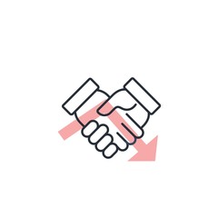Red down arrow shaking hands. Worsening relationships, distrust. Vector linear icon on a white background.