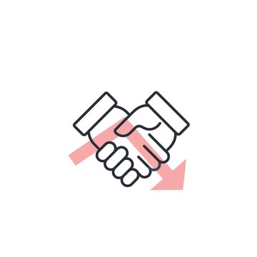 Red Down Arrow Shaking Hands. Worsening Relationships, Distrust. Vector Linear Icon On A White Background.