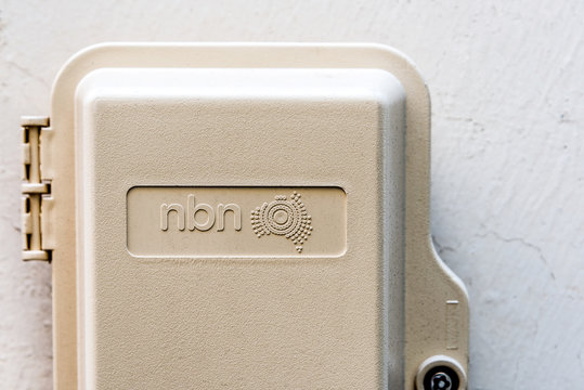 Melbourne, Victoria,  Australia,September 12, 2018: A Plastic NBN cover with the NBN label and logo of the Australian National Broadband Network.