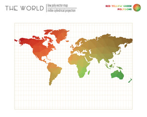 World map in polygonal style. Miller cylindrical projection of the world. Red Yellow Green colored polygons. Stylish vector illustration.