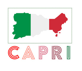 Capri Logo. Map of Capri with island name and flag. Elegant vector illustration.