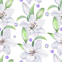 White lily 8. Watercolor painting. Seamless pattern. Decorative element suitable for Wallpaper, wrapping paper and backgrounds