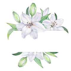 Frame of white lilies. Watercolor illustration. Hand drawing. Decorative item suitable for Wallpaper, wrapping paper and backgrounds, postcards and wedding invitations - 312173817