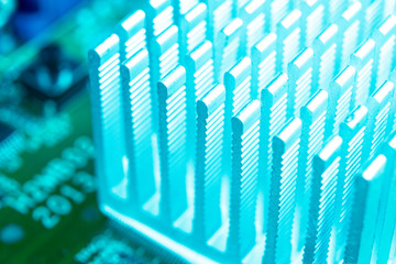 Macro shot of Circuit board with resistors microchips and electronic components. Computer hardware...