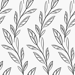 Vector seamless pattern with black outline branches and leaves; abstract floral design for fabric, wallpaper, wrapping paper, textile, web design.