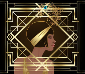 Retro fashion: glamour girl of twenties (African American woman). Vector illustration. Flapper 20's style. Vintage party invitation design template. Fancy black lady.