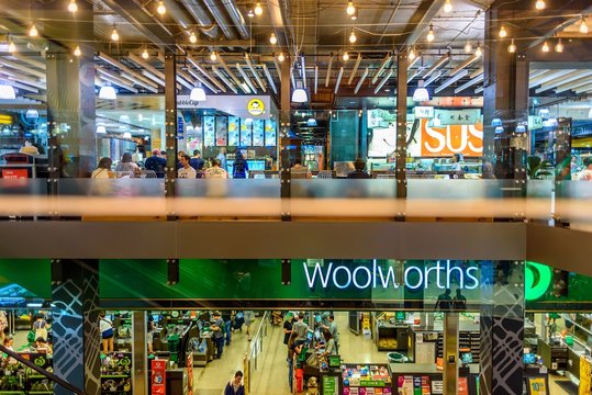 Melbourne, Victoria, Australia, January 10, 2016: QV Shopping Center in Melbourne, people shopping and eating in the food court on 2 levels.