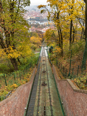 Nebozizek inclined railway station in Prague, colored leaves in autumn