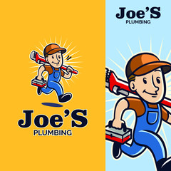 plumber mascot holding a pipe wrench mascot logo with vintage retro style