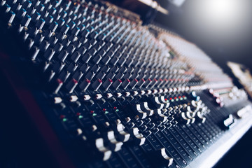 audio mixing board in recording, broadcasting studio