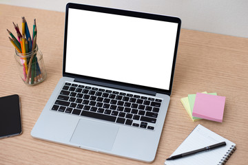 mockup image blank screen computer with white background for advertising text,hand man using laptop contact business search information on desk at home office.marketing and creative design