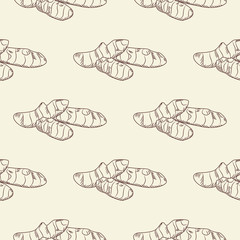 Hand drawn ginger root seamless pattern. Ginger wallpaper.