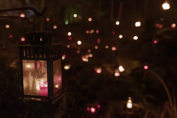 A lantern illuminated in the woods with several lanterns behind it