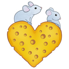 Two cute mice on a heart made of cheese.